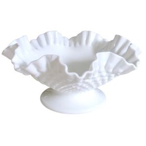 VINTAGE FENTON~WHITE MILK GLASS HOBNAIL CRIMPED SERVING DISH~10” x 5”